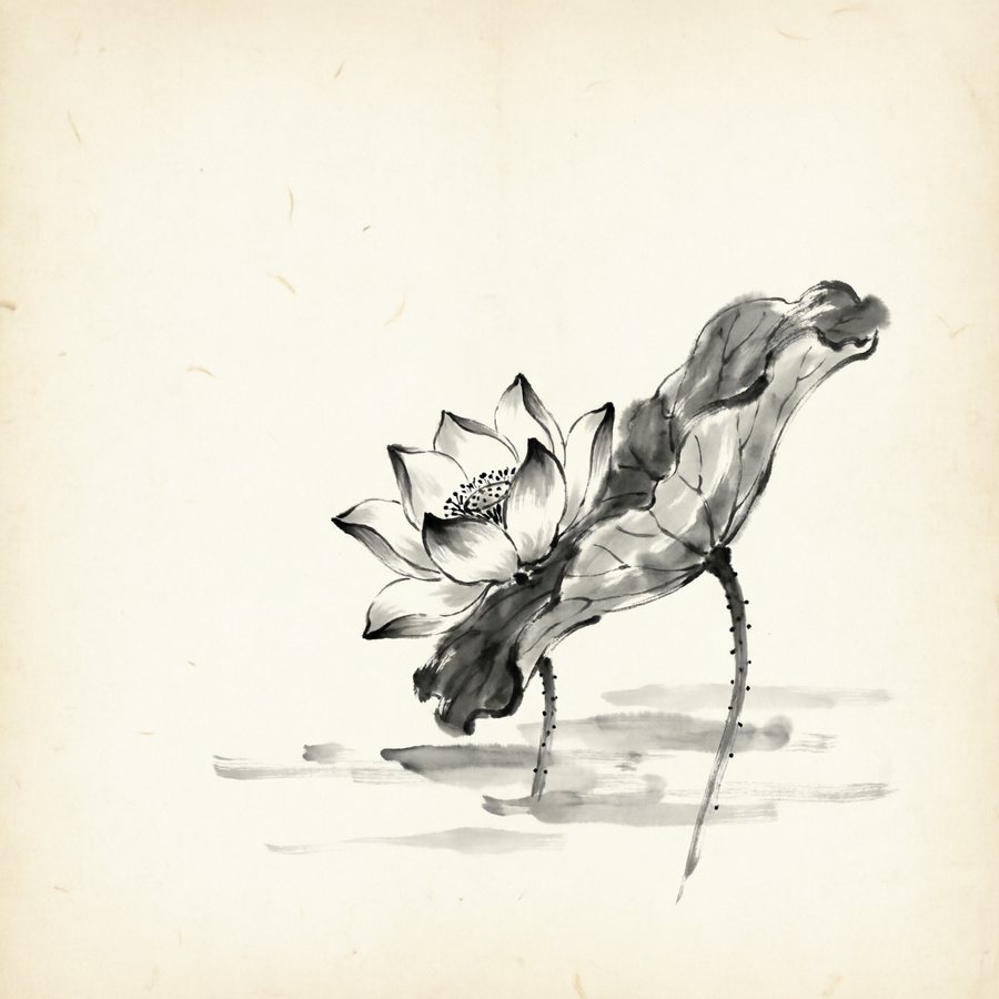 Ink painting of a lotus blossom, rendered by Lotus Diffusion-1