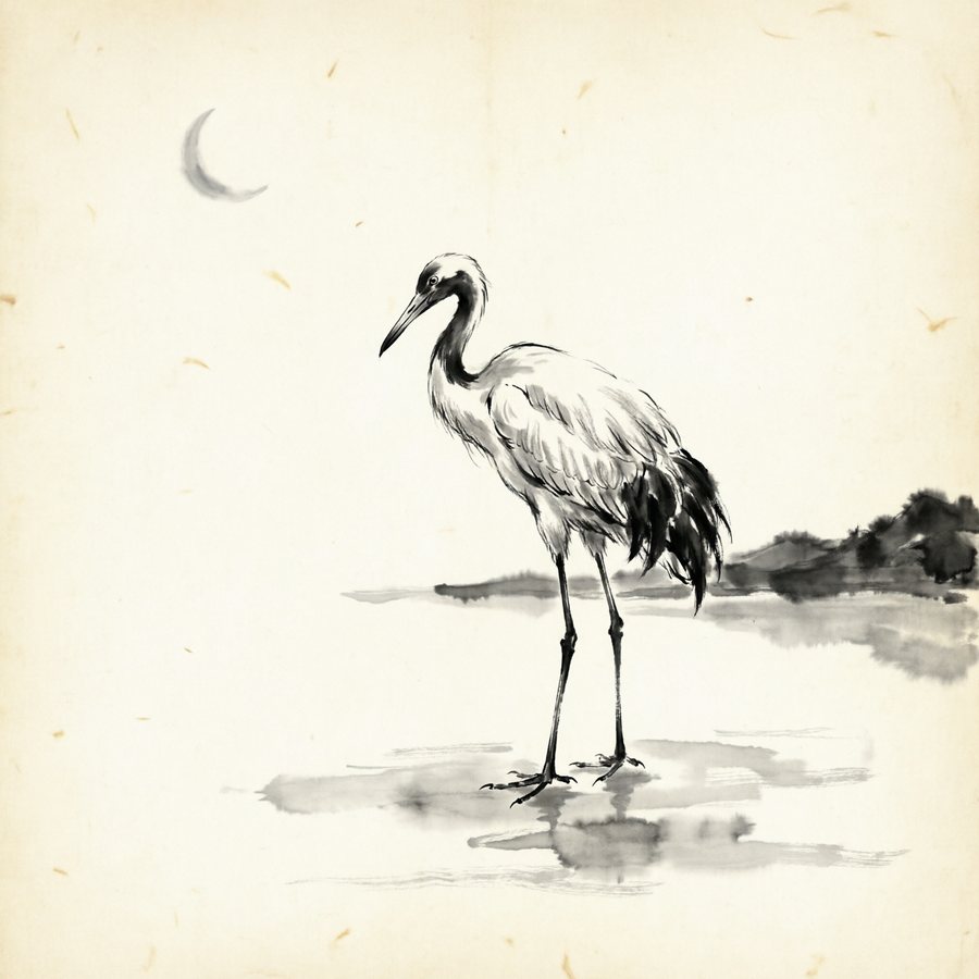 Ink painting of a crane in still water, rendered by Lotus Diffusion-1
