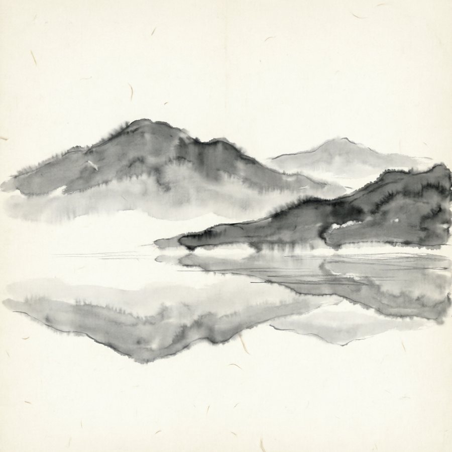 Ink landscape of mountains over calm water, rendered by Lotus Diffusion-1