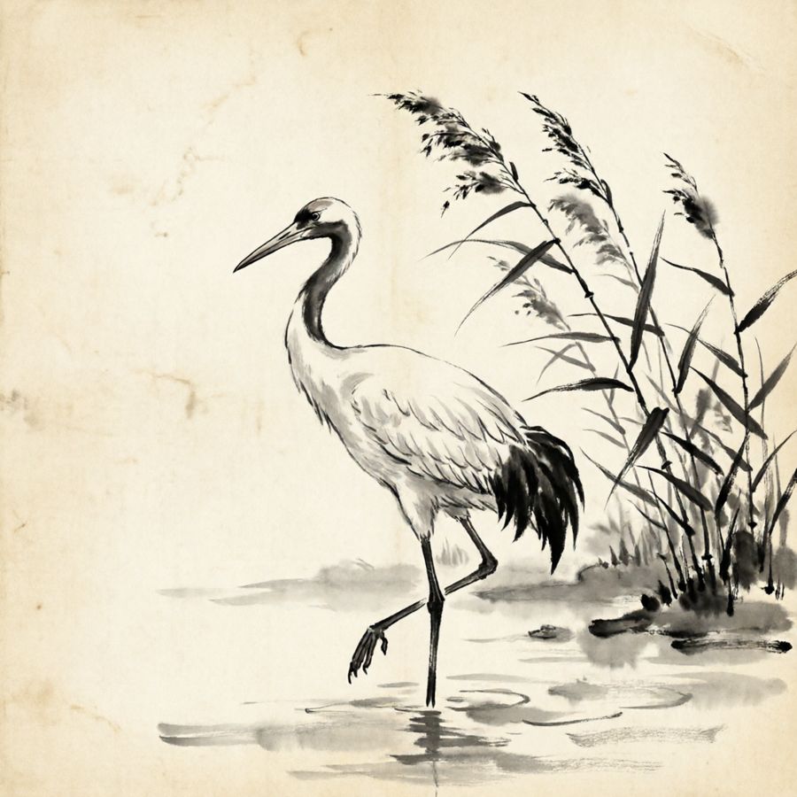 a solitary crane in shallow water, reeds behind — rendered by Lotus Diffusion-1