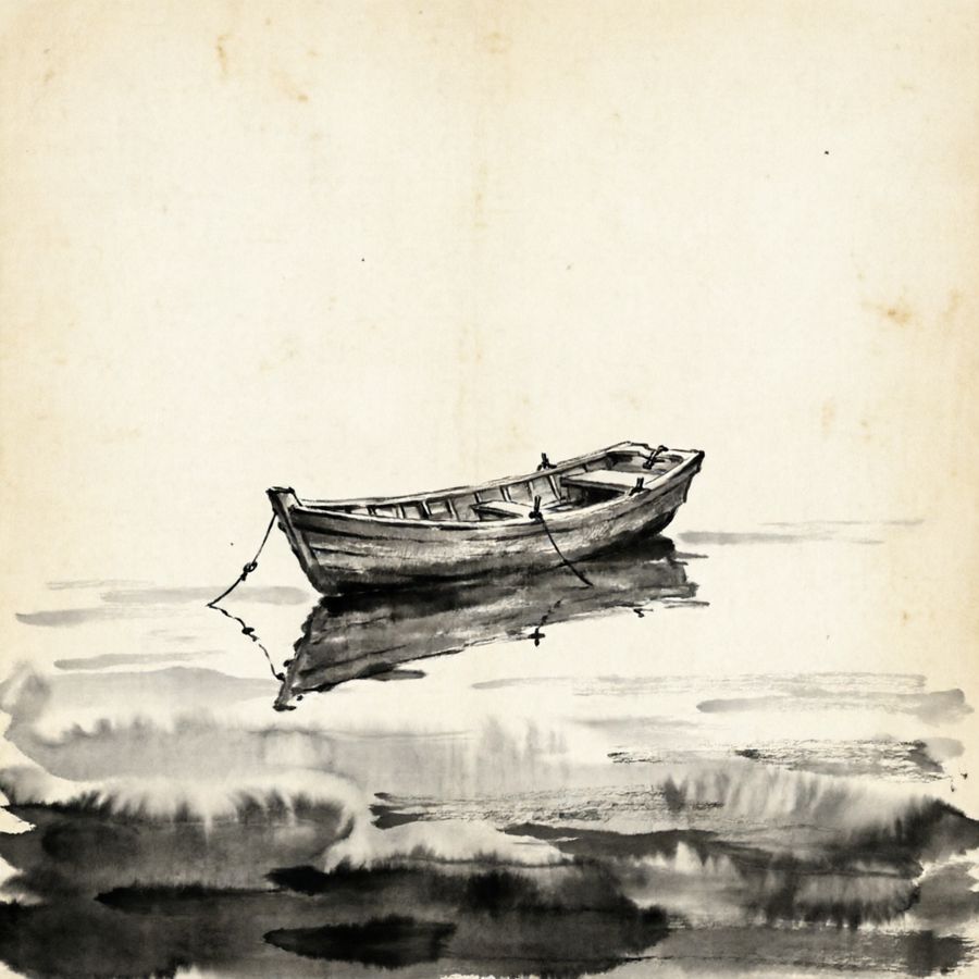 a wooden fishing boat at rest, reflection whole — rendered by Lotus Diffusion-1