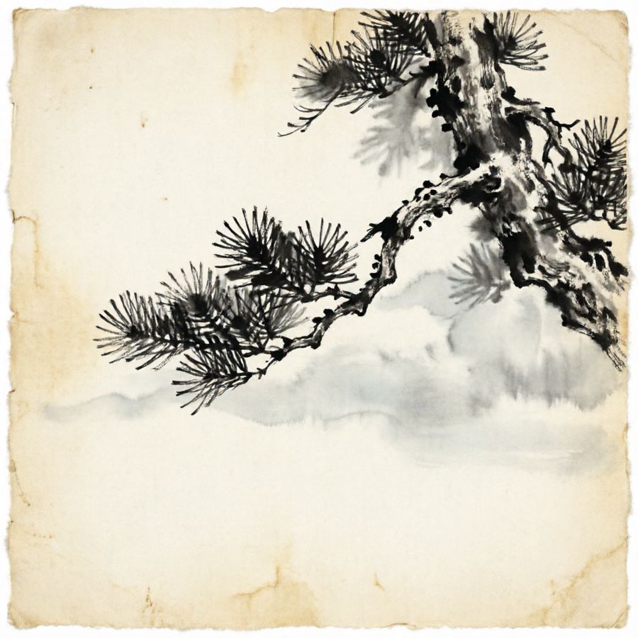 a pine branch from the upper right, mist below — rendered by Lotus Diffusion-1