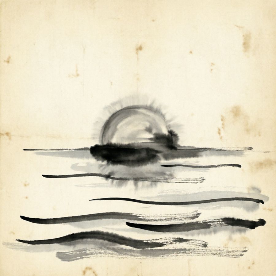 The sun as a low flat disc above a still horizon — rendered by Lotus Diffusion-1